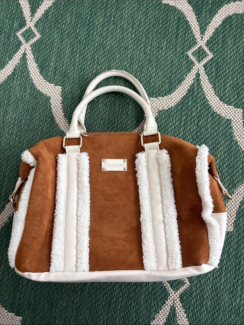 BearPaw Brown and Cream Suede-Style Shearling Satchel